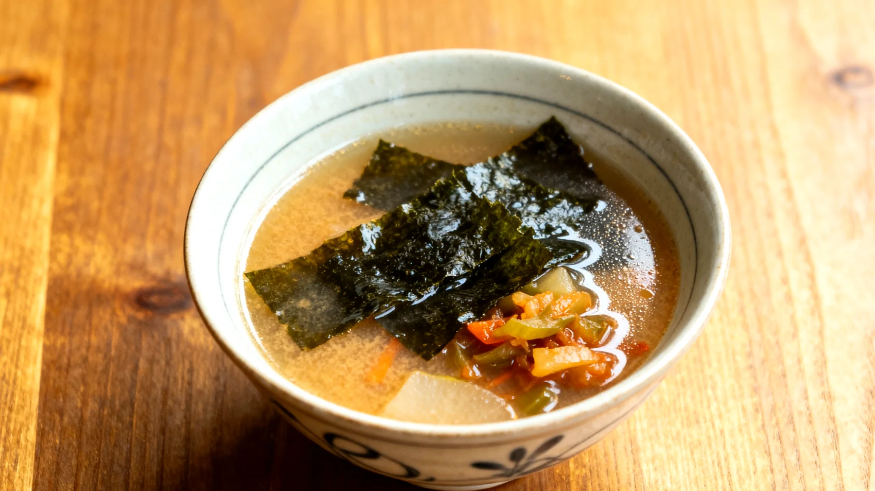 Miso-Suppe mit Wakame-Algen und fermentiertem Gemüse"