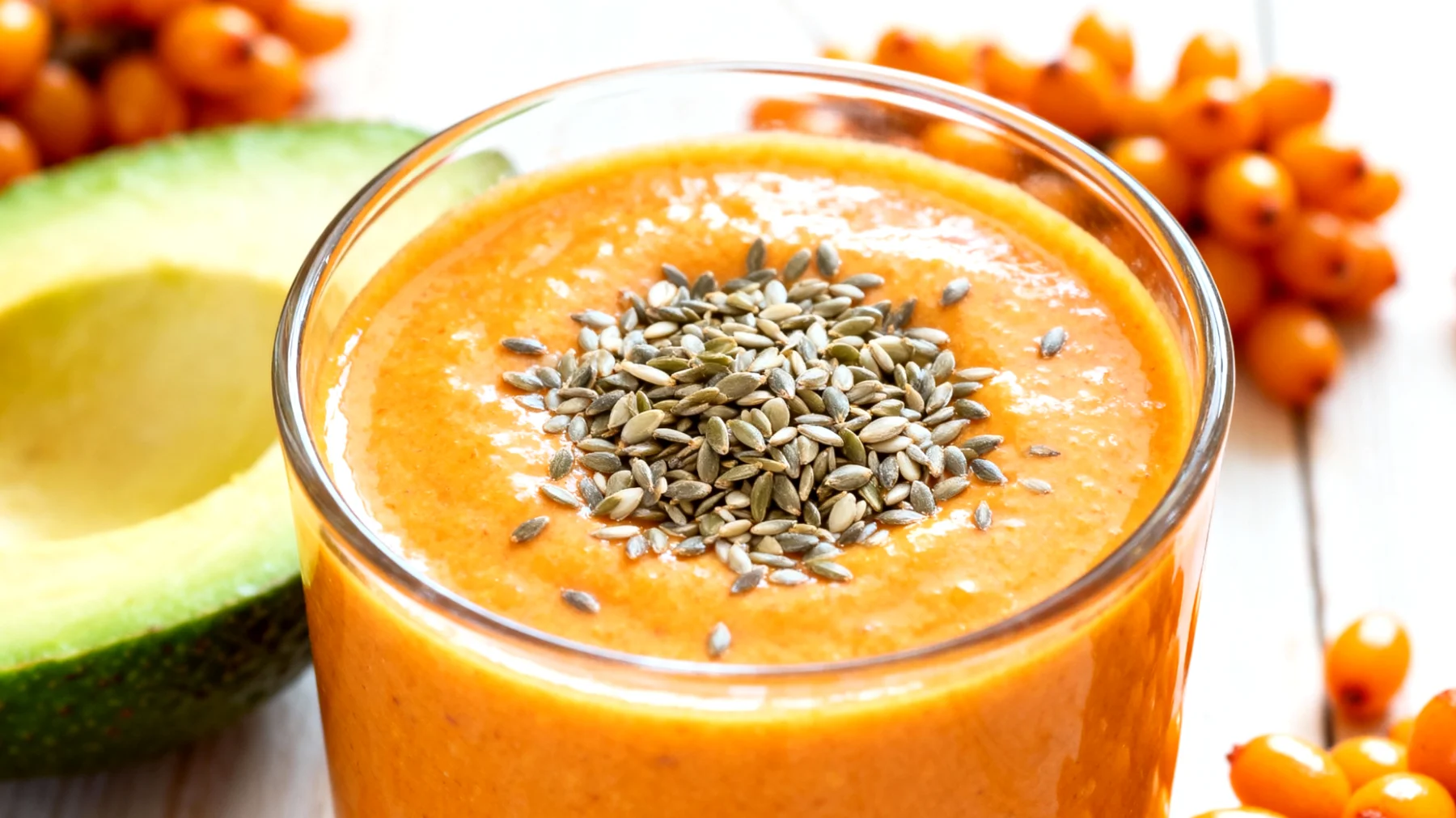 Sanddornbeeren-Smoothie mit Hanfsamen und Avocado"