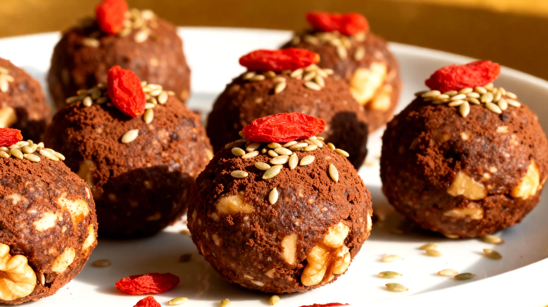 Walnuss-Kakao-Energiekugeln mit Goji-Beeren und Hanfsamen"