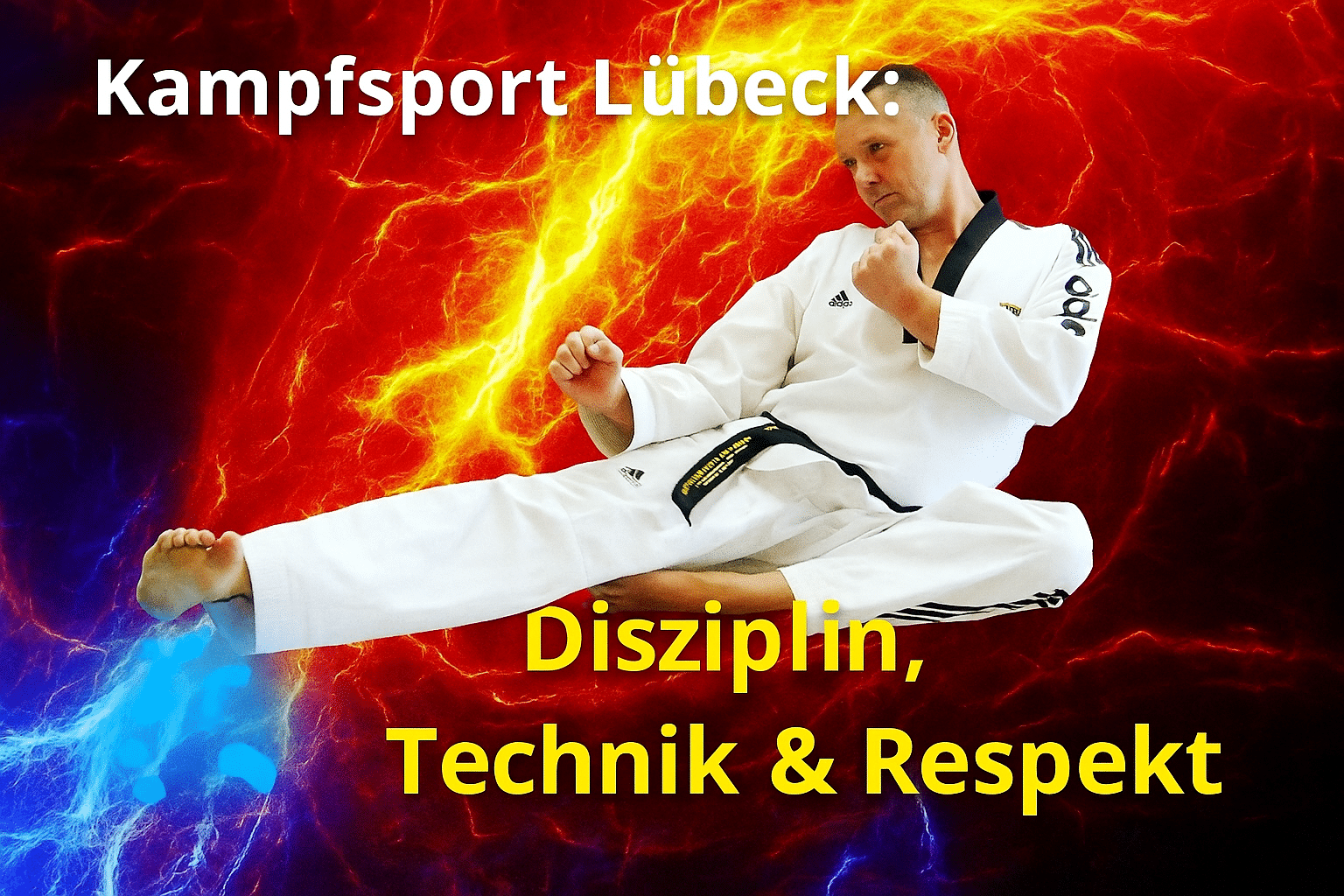Ein Kampfsportler in weißem Taekwondo-Anzug mit schwarzem Gürtel führt einen Seitkick in der Luft aus, vor einem dynamischen Hintergrund aus roten, gelben und blauen Blitzen. Darüber steht der Text „Kampfsport Lübeck: Disziplin, Technik & Respekt“.